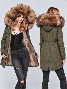 💥STUNNING!💥100% GENUINE TIPPED FOX & REX RABBIT FUR PARKA IN GREEN & NATURAL